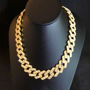 Gold Iced Bling Crystal Cuban Link Chain Necklace Men’s Unisex Wide Thick 24”